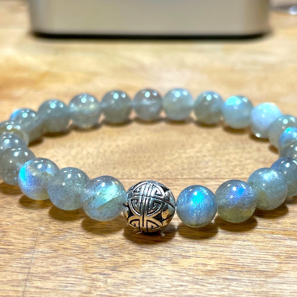 Semi-precious Rainbow Labradorite Gemstone Bracelet w/ 925 Sterling Silver Bead